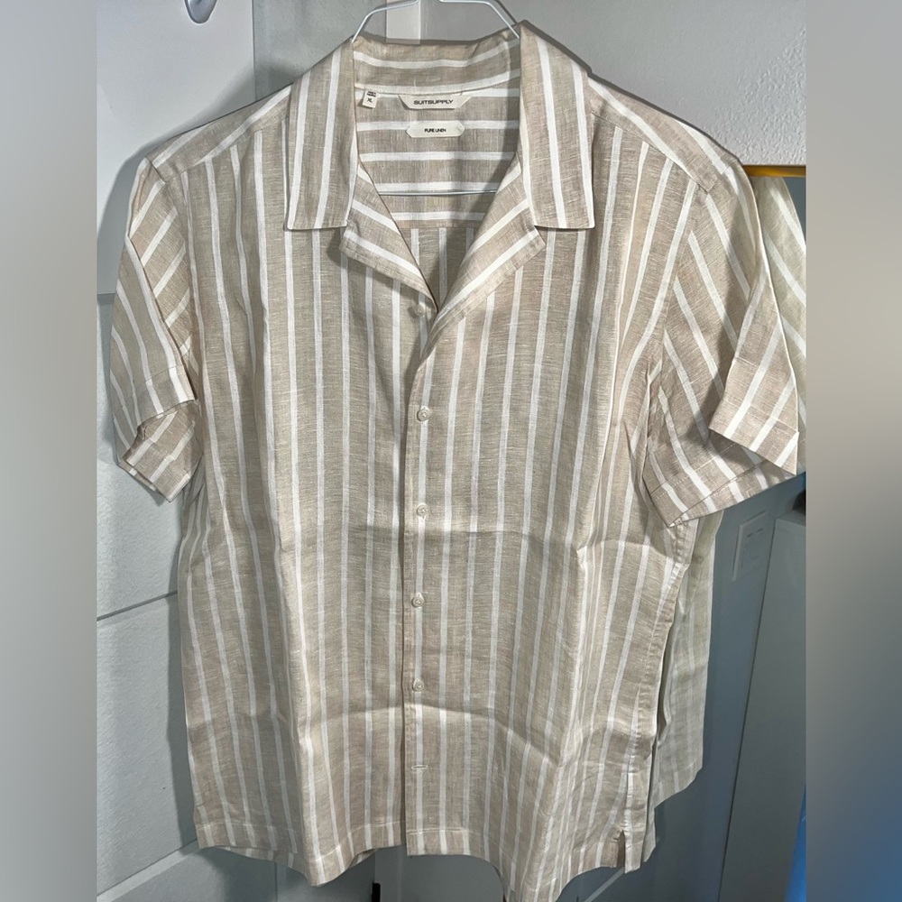 SUITSUPPLY Tan Sand pure linen Stripe Camp Collar Short Sleeve Shirt XL